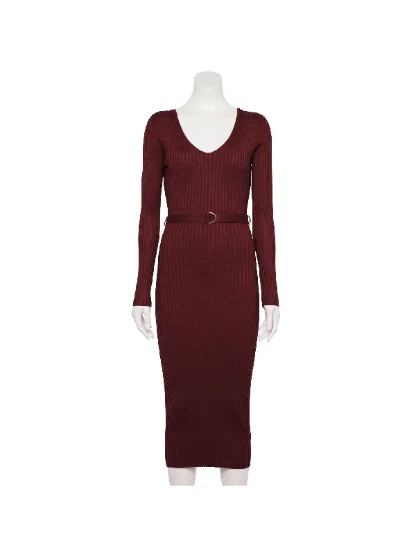 Lowest Prices ALMOST FAMOUS Womens Burgundy Ribbed Belted V-back Long Sleeve V Neck Midi Party Body Con Dress