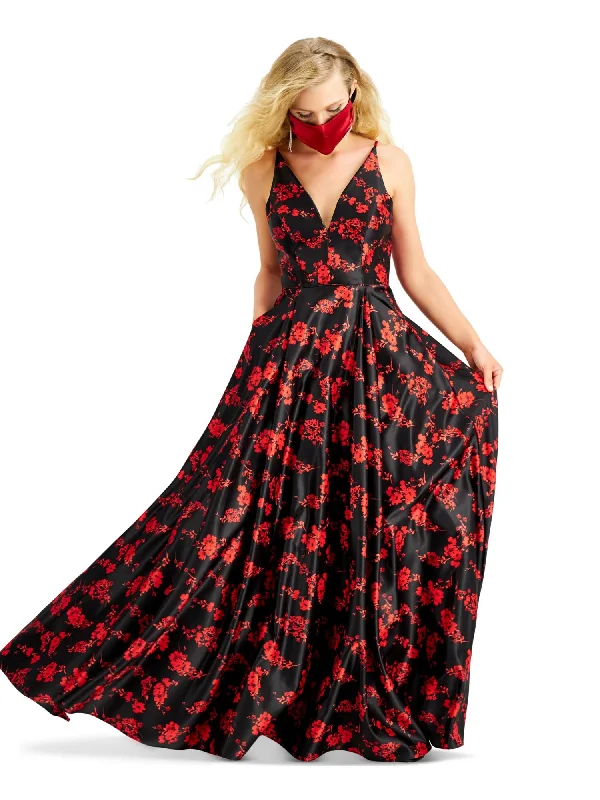 Midnight Madness BLONDIE NITES Womens Black Zippered Floral Sleeveless V Neck Full-Length Prom Fit + Flare Dress