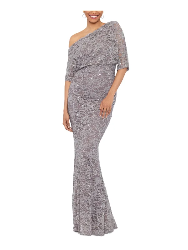 Price Slash BETSY & ADAM Womens Beige Zippered Pleated Lined Elbow Sleeve Asymmetrical Neckline Full-Length Formal Sheath Dress