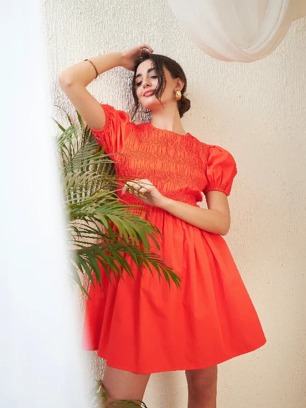 Factory Direct Sale Women Orange Poplin Smocked Gathered Dress