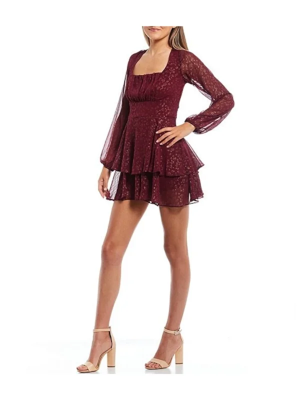 Today’s Deal CITY STUDIO Womens Maroon Pleated Zippered Tiered Skirt Tie Back Lined Long Sleeve Square Neck Mini Party Fit + Flare Dress
