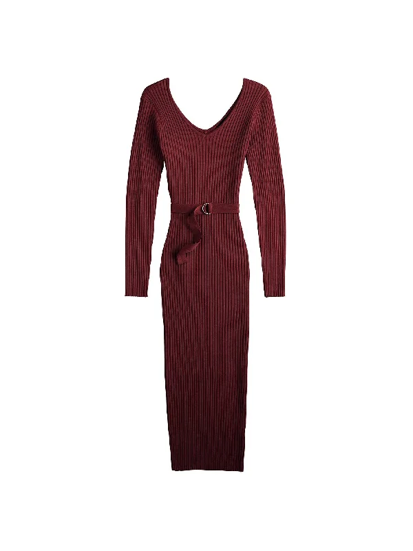 Friends and Family Sale ALMOST FAMOUS Womens Burgundy Ribbed Belted V-back Long Sleeve V Neck Midi Wear To Work Body Con Dress