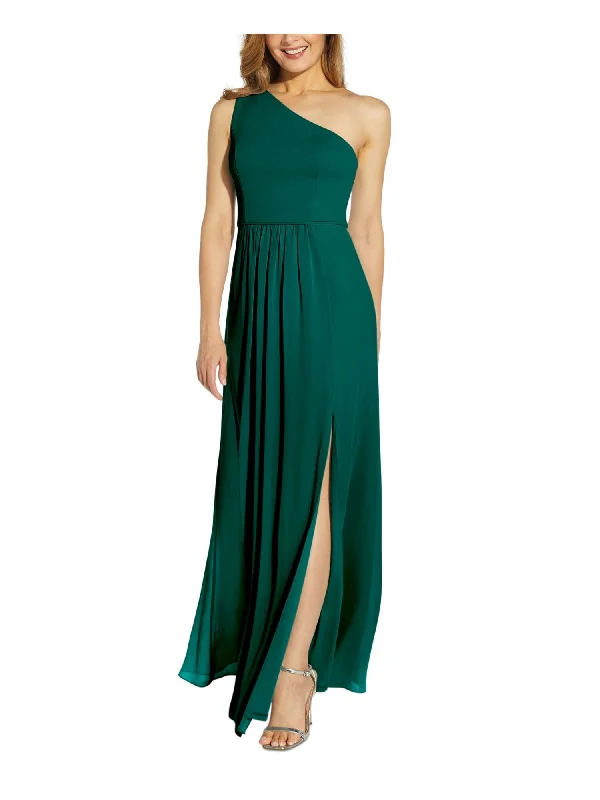 Savings Spectacular ADRIANNA PAPELL Womens Green Zippered Gathered High Slit Lined Sleeveless Asymmetrical Neckline Full-Length Evening Gown Dress