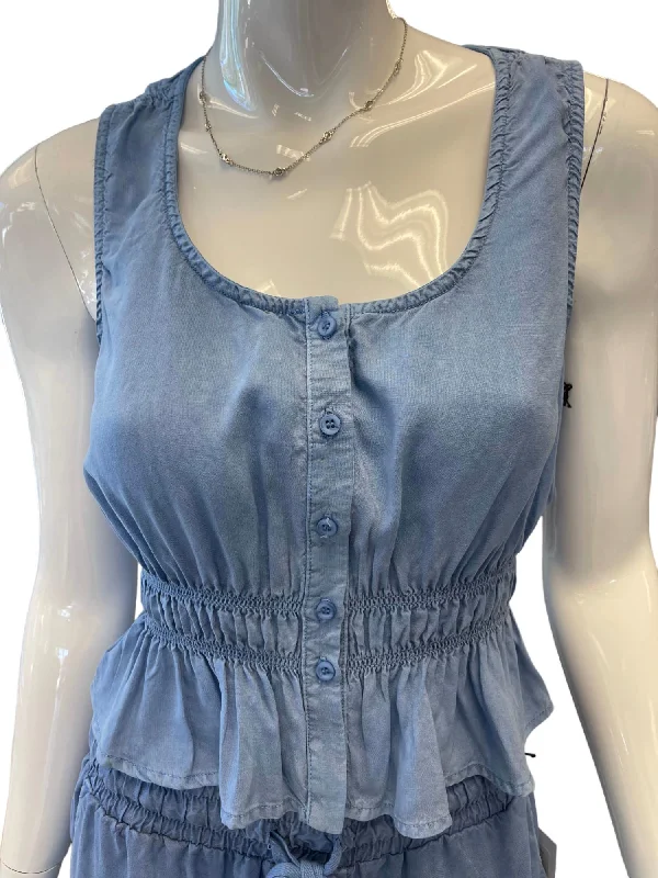 Savings Galore Button Front Shirred Tank In Bayside Blue