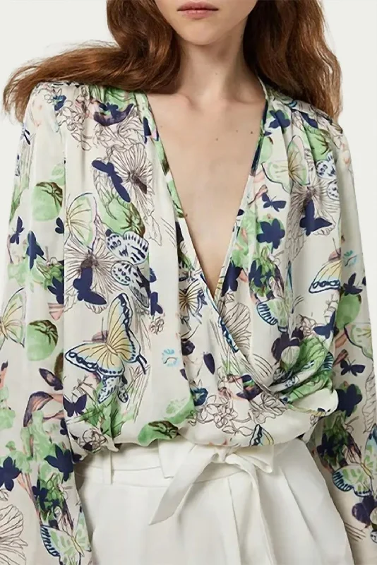 YEAR-End Sale Cardall Butterfly-Print Satin Blouse In White