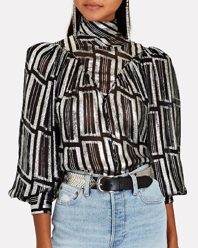 Exclusive Preview Claireta Lamé Metallic Blouse In Black/silver