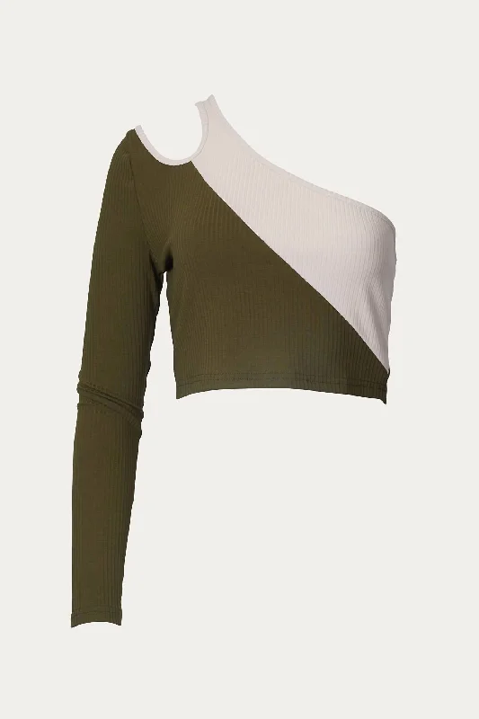 Limited Quantity Colorblocked Ribbed-Knit One-Sleeve Top In Olive Ecru