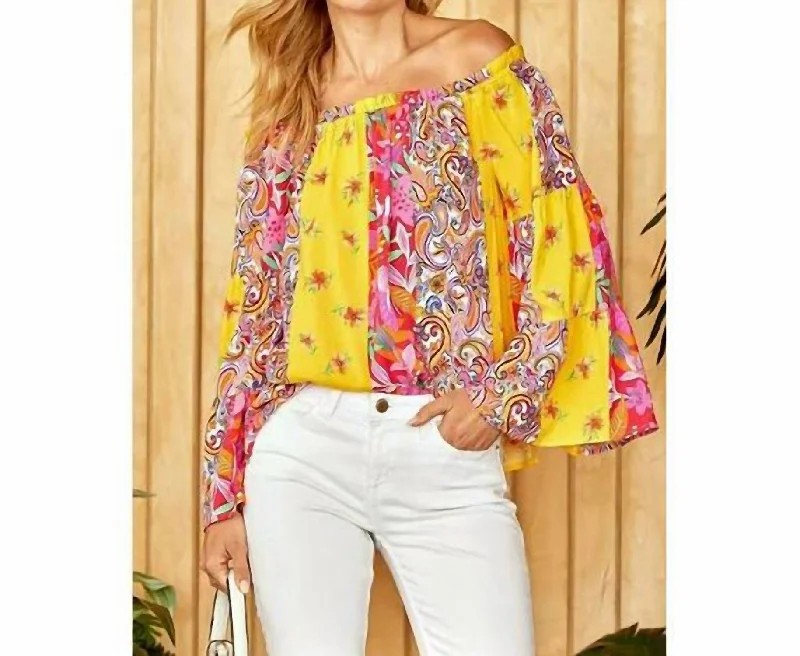 Price Buster Colorful Floral Paisley Print Plus Top In Yellow And Hot Pink