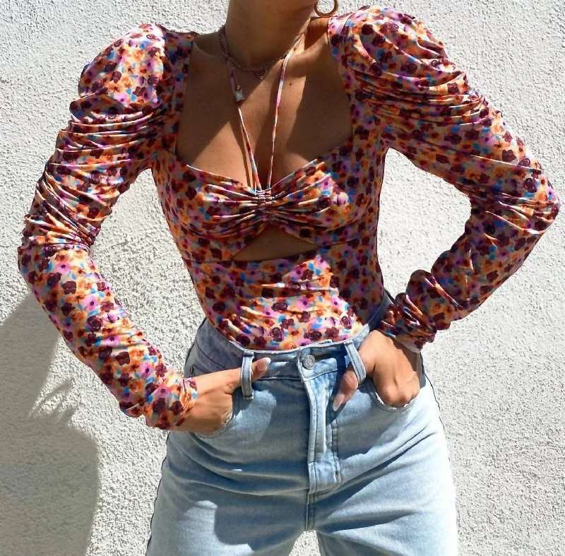 Take Advantage Coppelia Cutout Slinky Knit Bodysuit In Fall Meadow Ditsy