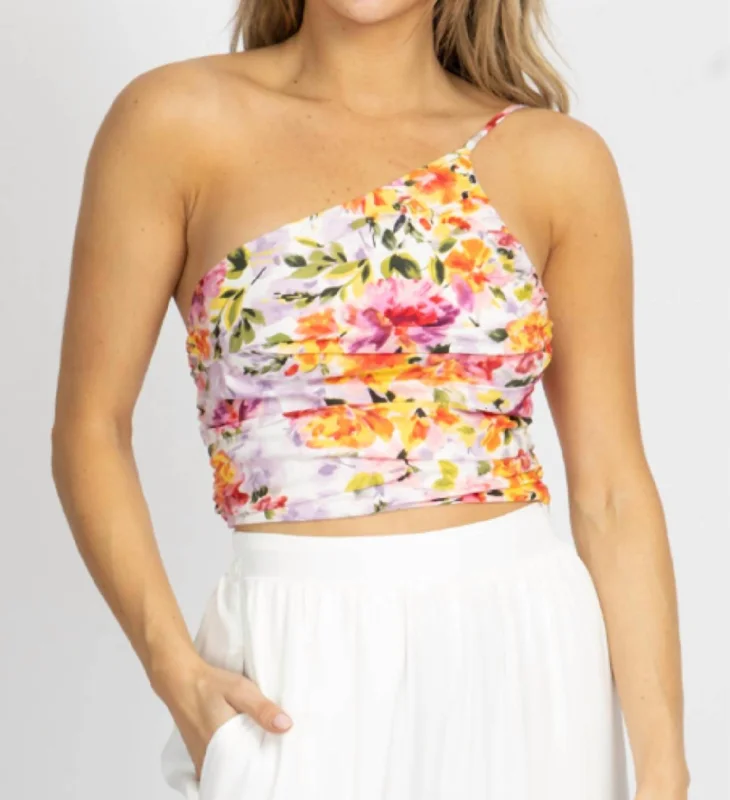 Shop and Save Coral Floral One Shoulder Top In Lavender