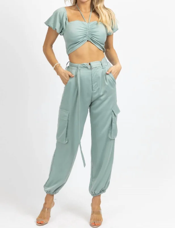 Now or Never Crop + Cargo Jogger Pant Set In Jade