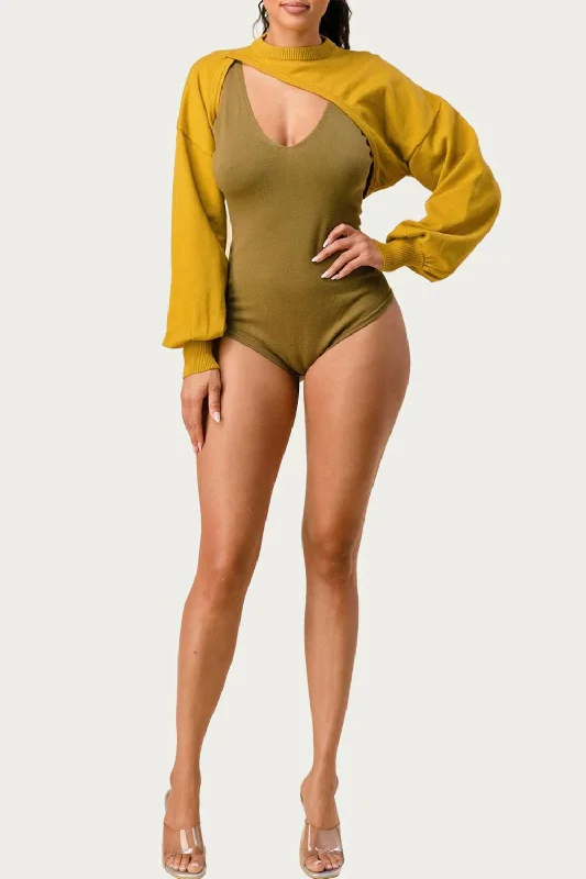 Don't Wait Cutout Cropped Bodysuit Bolero Set In Kiwi/olive