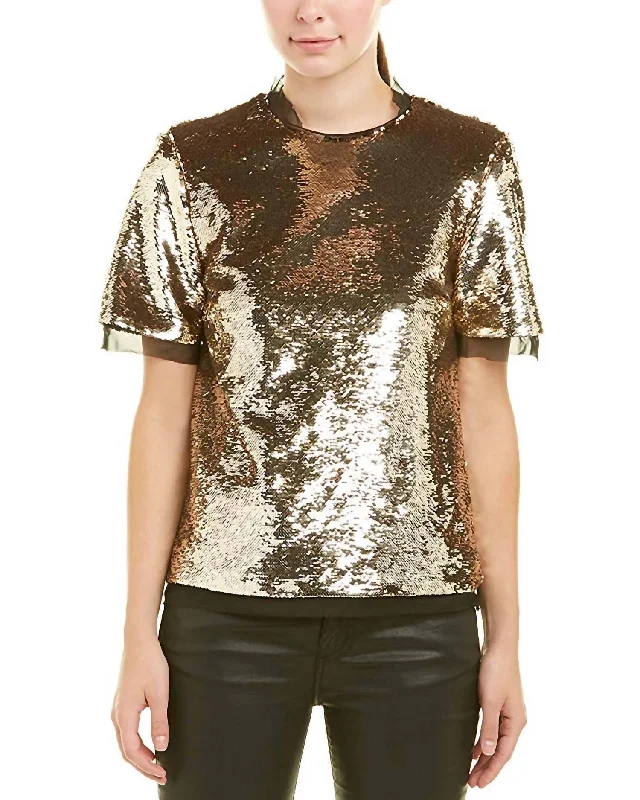 Price Slash Darted Bust Short Sleeve Chiffon Blouse In Gold Sequin