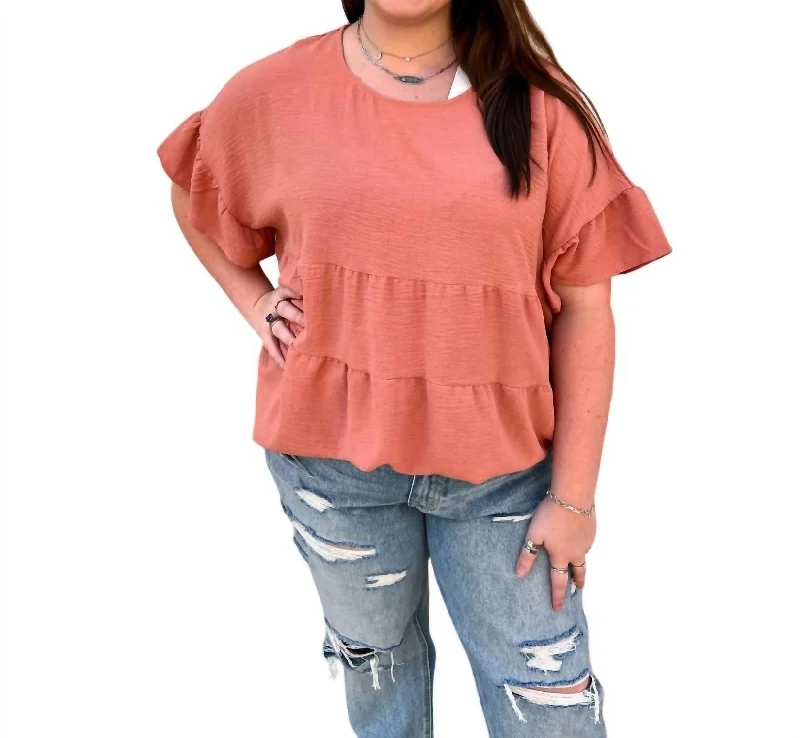 Markdown Madness Erin Lightweight Textured Tried Ruffle Blouse In Coral
