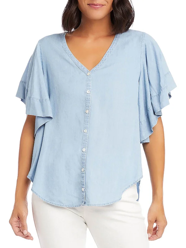 Lowest Price Flutter Sleeve Top Womens Hi-Low V-Neck Button-Down Top
