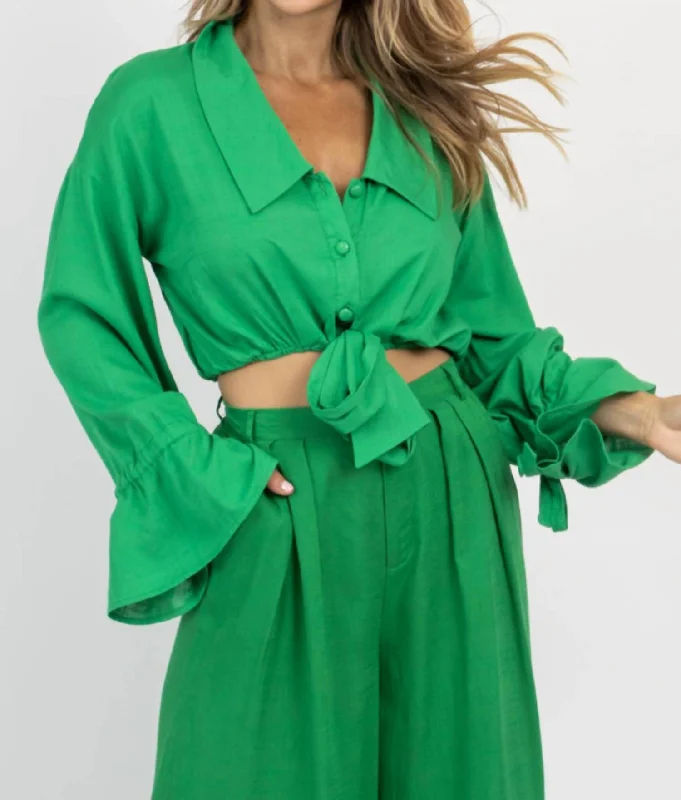 Price Rollback Fresh Linen Button Front Crop In Green
