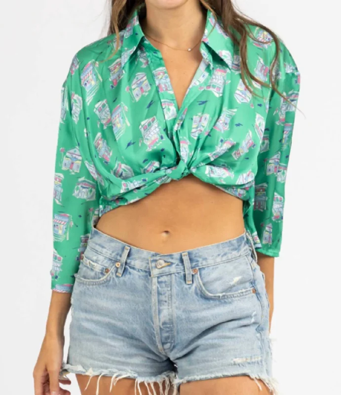 Quick Sale Front Twist Crop Top In Green Patterned