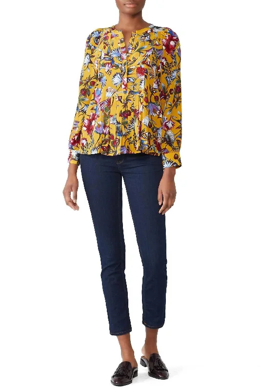Act Fast Golden Floral Pleated Blouse In Yellow