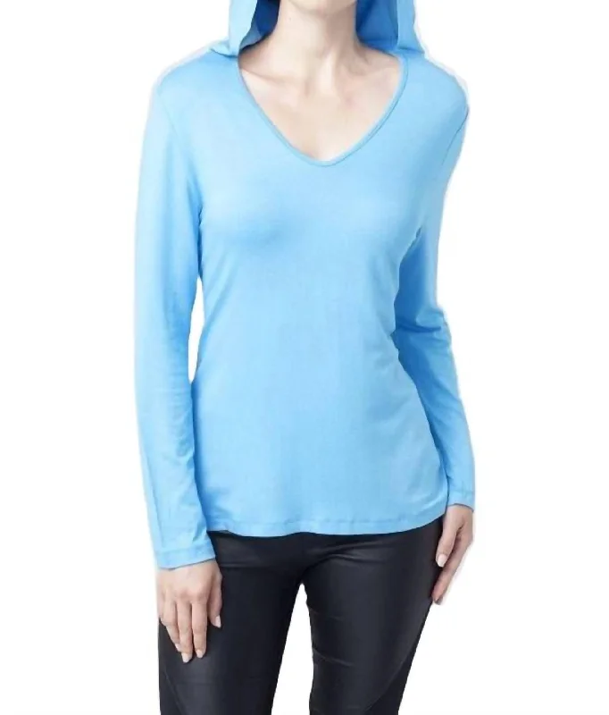 One-DAY Sale Hooded V-Neck Top In Turquoise