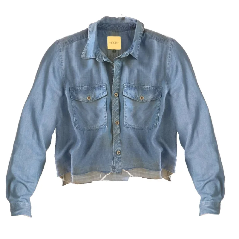Bonus Savings Jeans Women Chambray Cutoff Fringe Cropped Collared Top Shirt In Blue