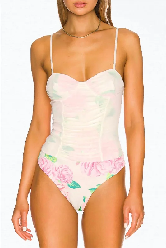 Discount Extravaganza Kat Corset Ruched Mesh Bodysuit In Blanc Bouquet