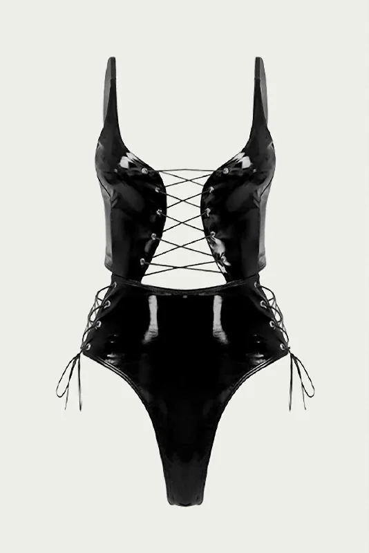 Year-End Sale Lace-Up Patent Leather Thong Bodysuit In Black