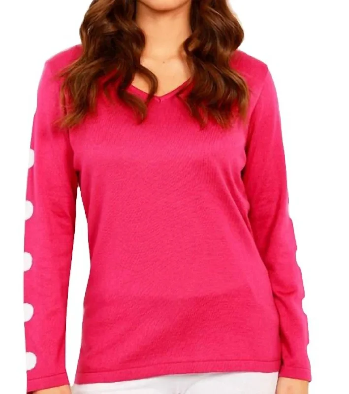 Super Deal Long Sleeve Dot Neck Top In Pink/white