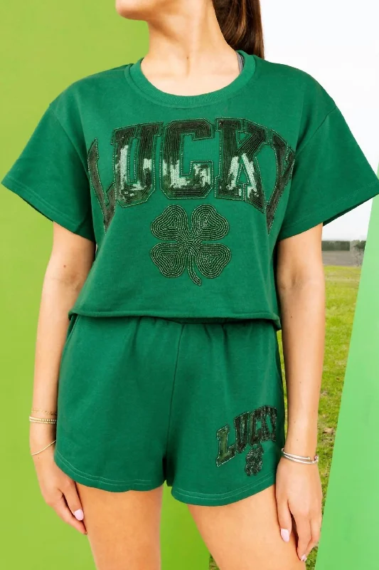 Overstock Lucky Short Sleeve Top In Dark Green