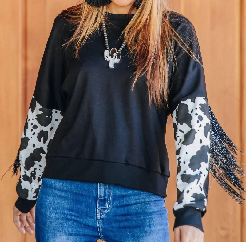 Exclusive Offers Midnight Rodeo Long Sleeve Fringe Top In Black Cow