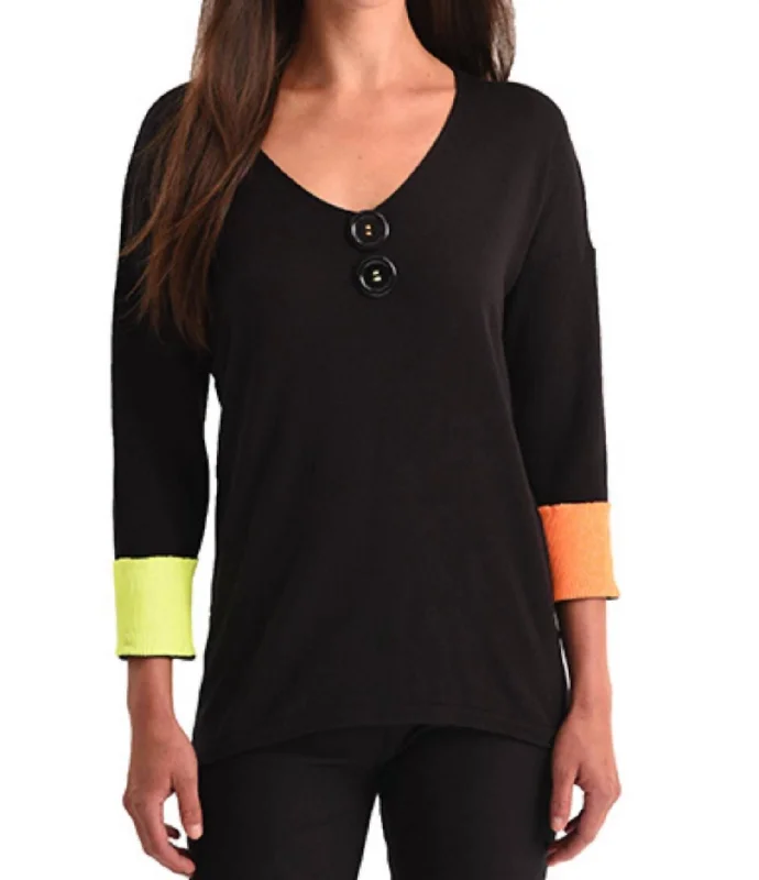 Unbeatable Prices Neon Cuff V-Neck Top In Black Multi