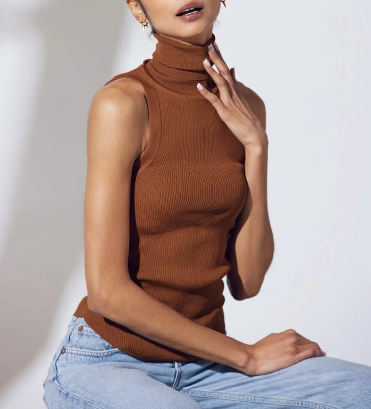 Super Bargain Noon Ribbed Modal-Blend Jersey Sleeveless Turtleneck Top In Chocolate