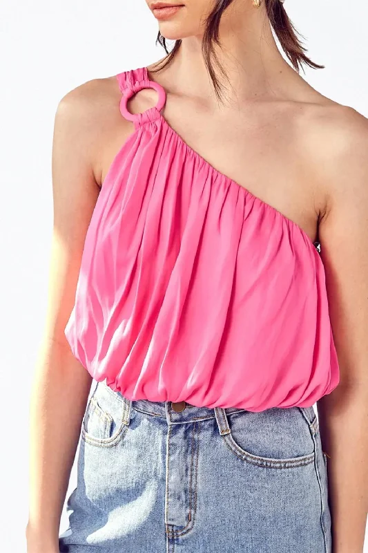 Loyalty Reward One-Shoulder Draped Satin Top In Hot Pink