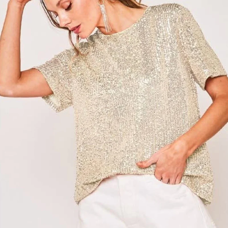 Huge Discounts Rachel Sequin Short Sleeve Top In Taupe