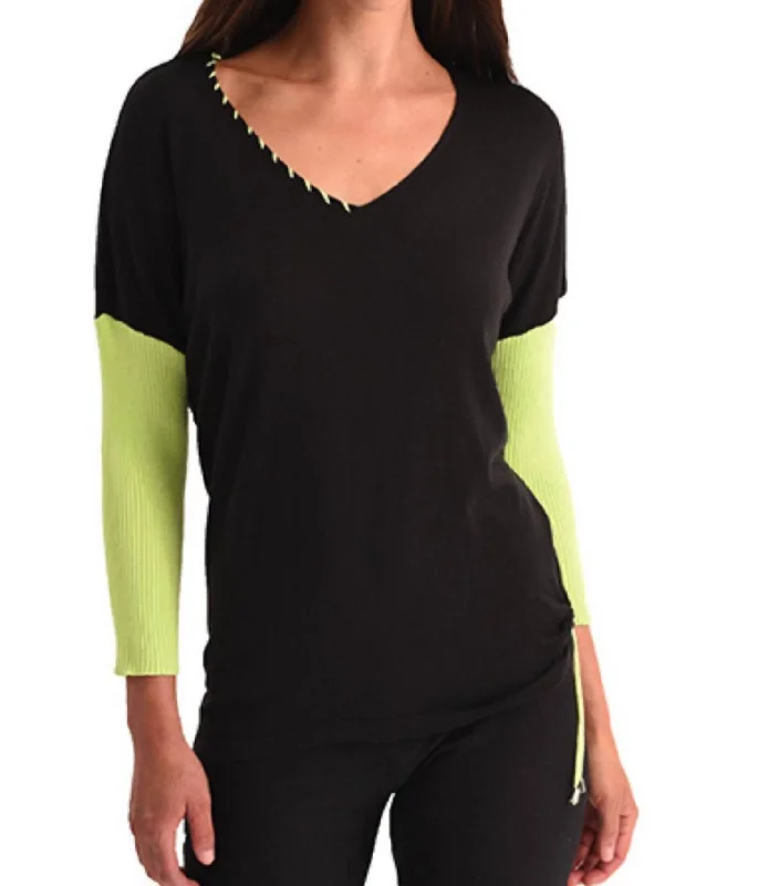 Bargain Prices Rib Sleeve V-Neck Top In Black/lime