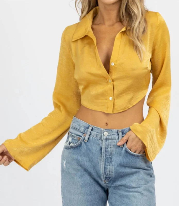 Weekend Special Satin Open Back Collared Crop In Mustard