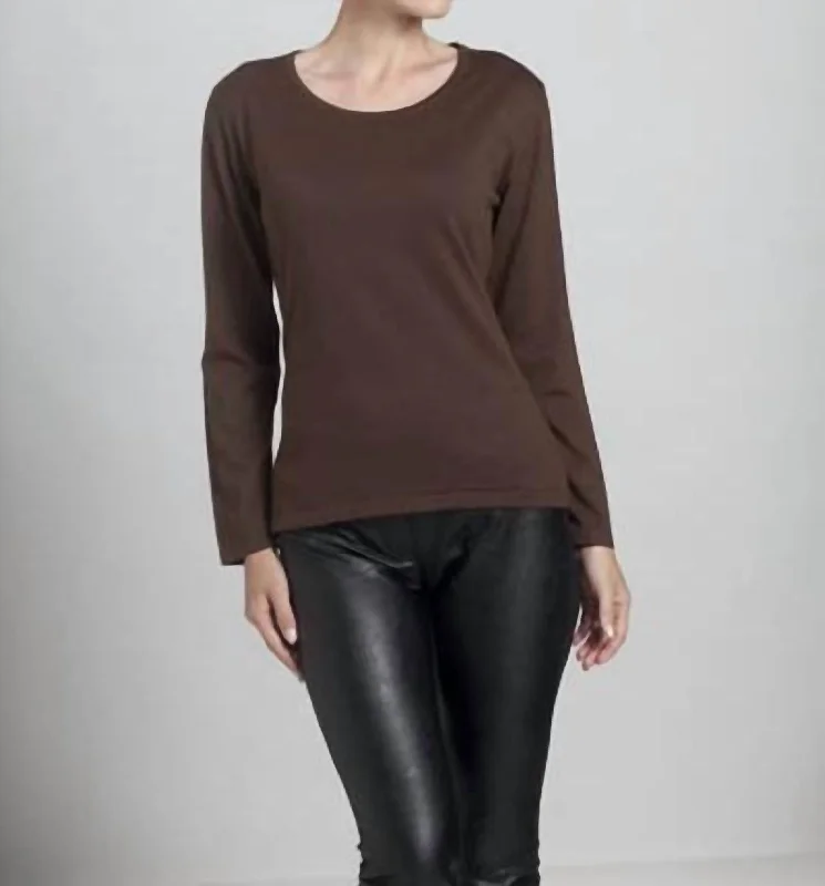 Instant Discount Scoop Neck Long Sleeve Top In Brown