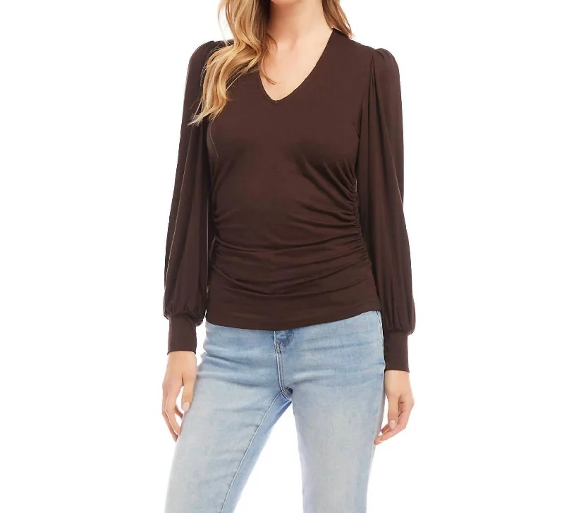 Don’t Miss Out Shirred V-Neck Top In Brown