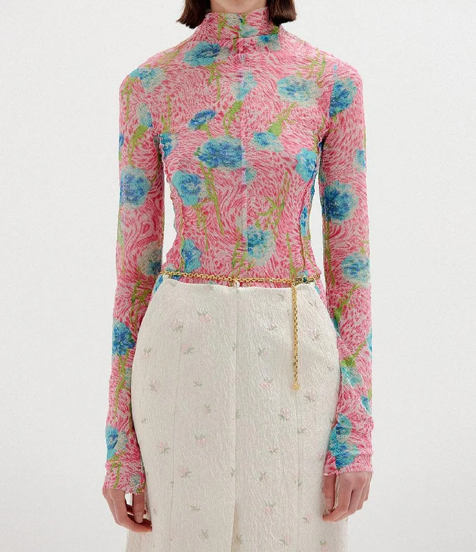 Price Rollback Sol Floral Print Mockneck Top In Pink Multi