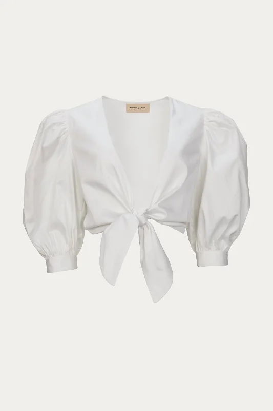 Savings Alert Solid Puff-Sleeve Cropped Blouse In White