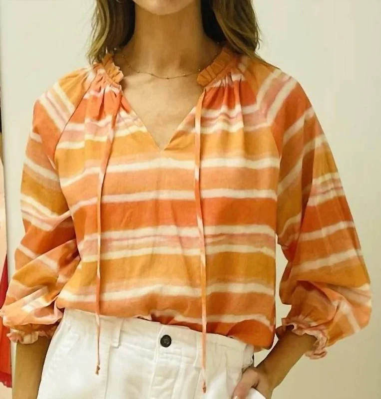 Mega Sale Split Neck Blouse In Orange Stripe