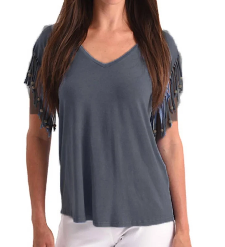 Exclusive Savings Stone Wash Cut Out Fringe Beaded Sleeve Top In Charcoal