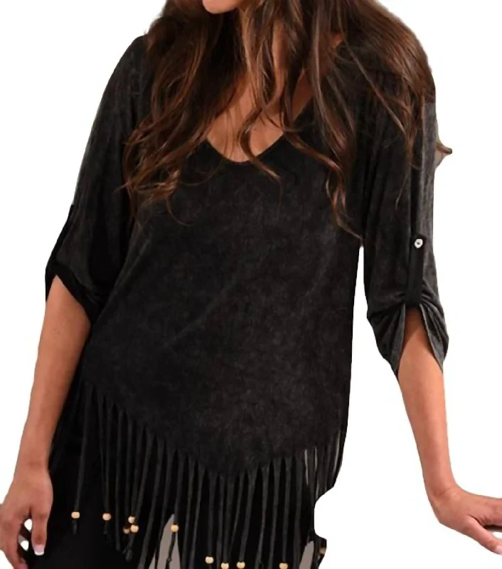 Early Access Stone Wash Cut Out Fringe Top In Charcoal