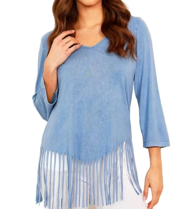 Super Sale Stone Wash Cut Out Fringe Top In Denim