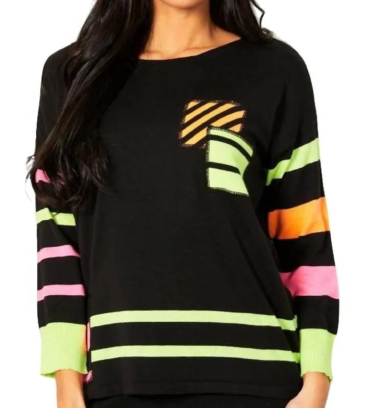 Bonus Savings Stripe 3/4 Sleeve Top In Black Multi