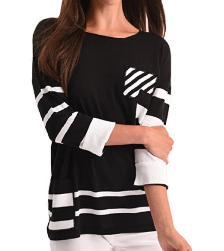 Extra Savings Stripe 3/4 Sleeve Top In Black/white