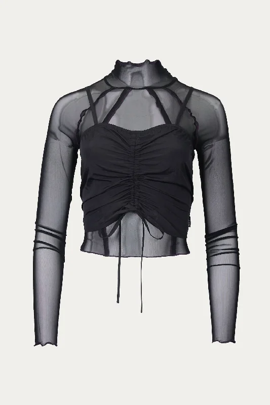 Price Buster Two-Piece Layered Mesh And Stretch-Jersey Turtleneck Top In Black