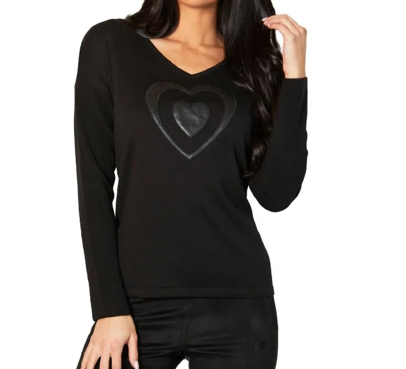 Huge Discounts V-Neck Pleather Heart Detail Top In Black