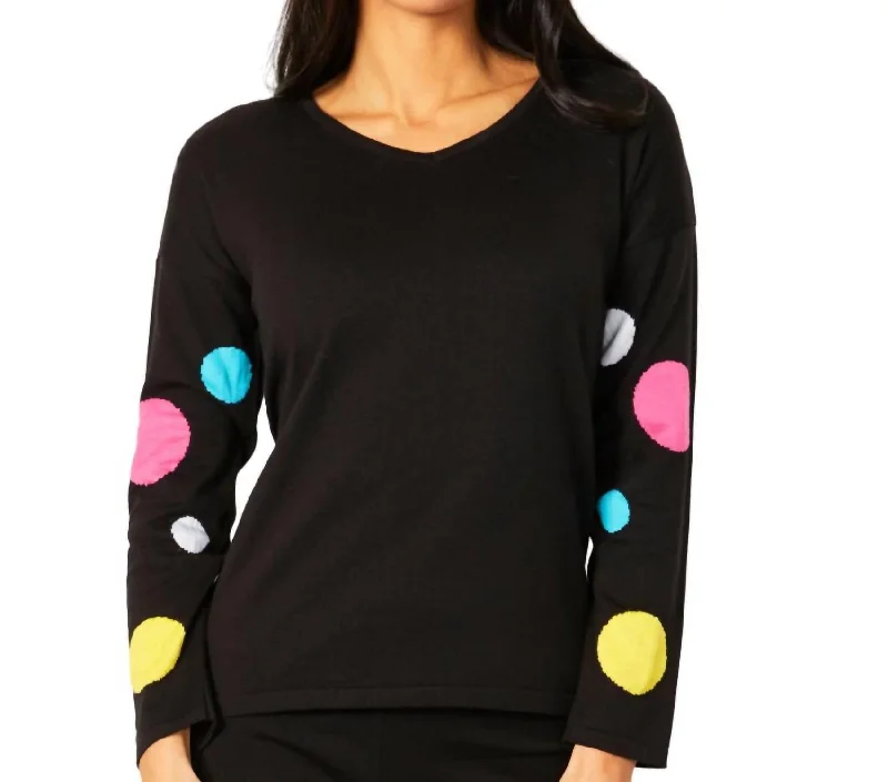 Instant Discount V-Neck Polkadot Detail Sleeve Top In Black