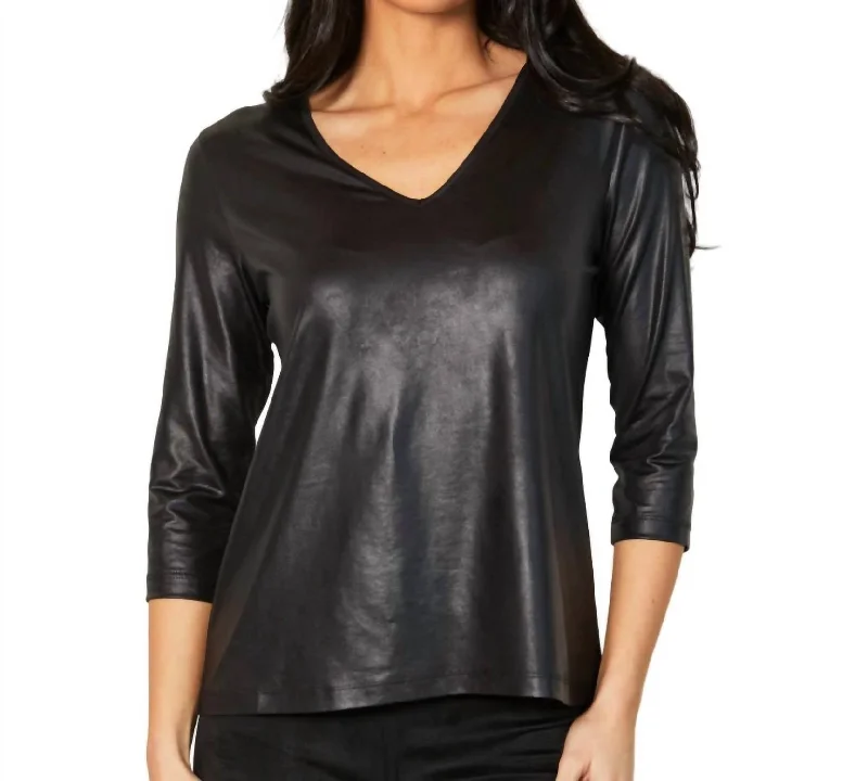 Quick Sale Vegan Leather V-Neck Top In Black