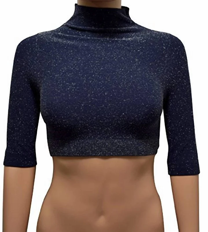 Extra Savings Women Mock Neck Glitter Crop Top In Navy